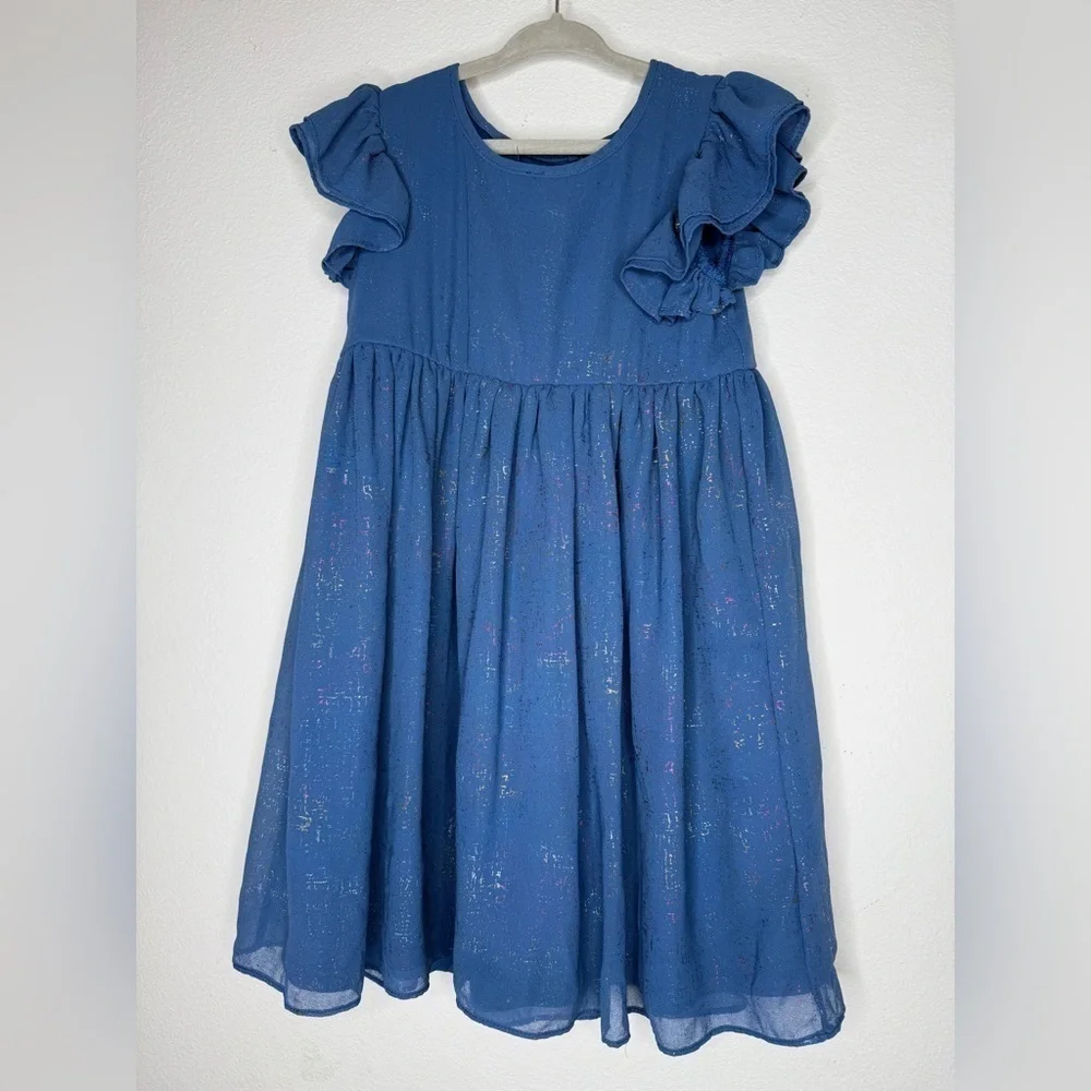 Pastourelle by Pippa And Julie Girls Metallic Blue Chiffon Flutter Sleeve Dress